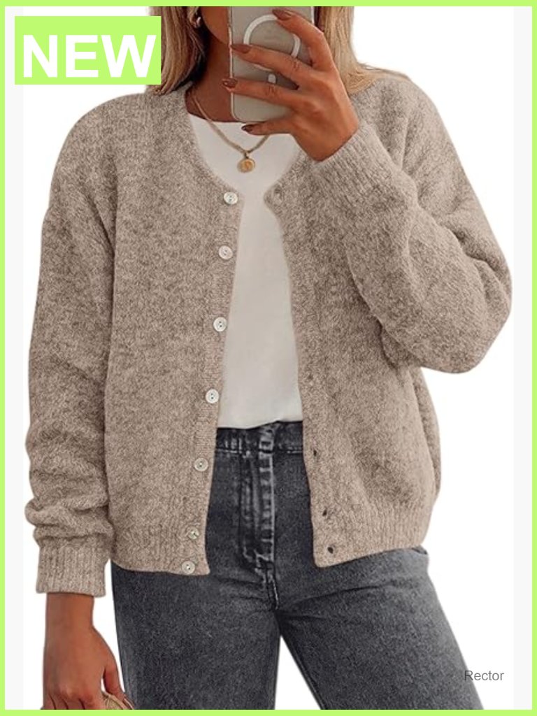 Lightweight Button Down Cardigan Crewneck Loose Knit Sweater
